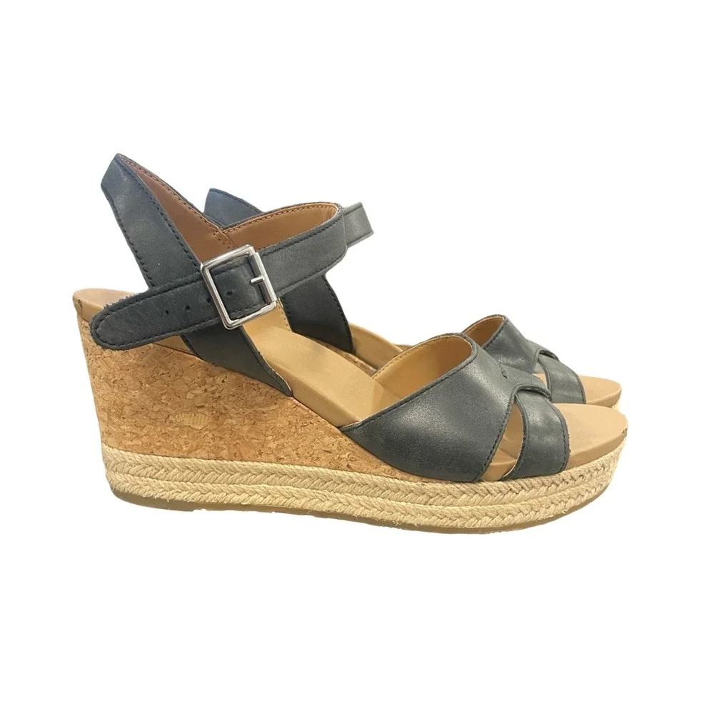 UGG Women's 1112681 Black Leather Cork Wedge Espadrille Sandals Sz 7 boho beach